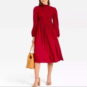 •red ruched mock neck dress•